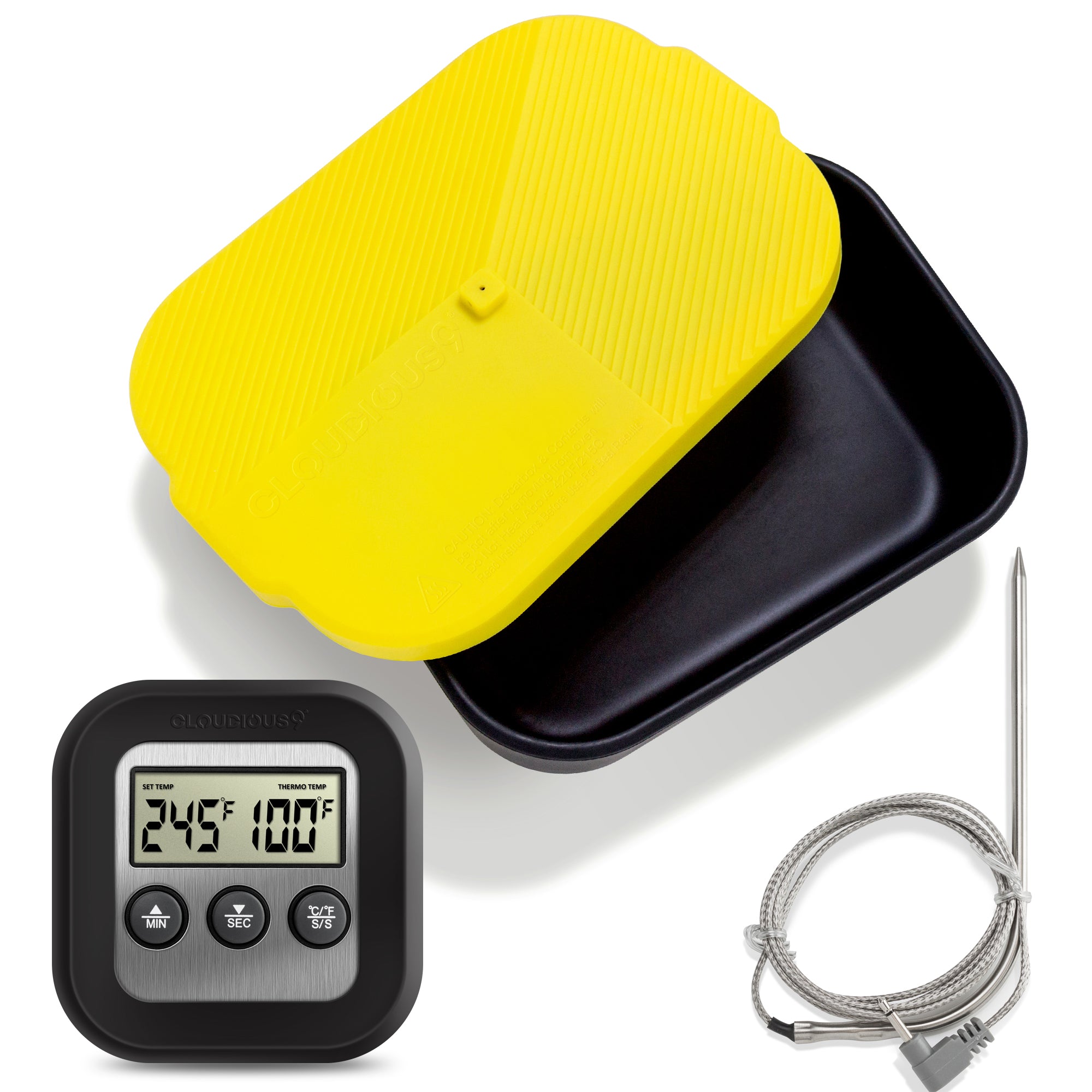 A black and yellow box with an insertable digital thermometer used for decarboxylation