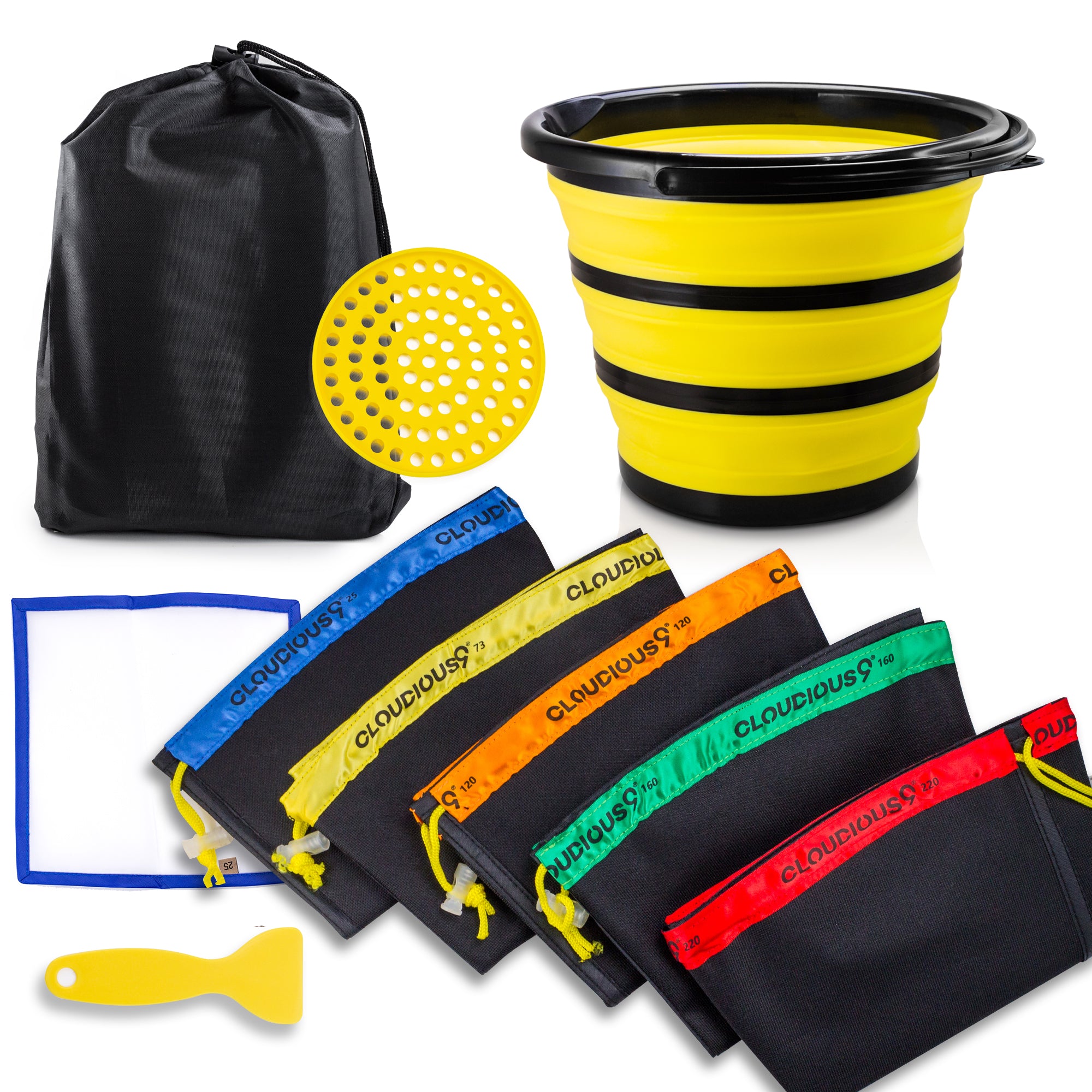 The Vortex9 cold water hash extraction kit including a collapsible black and yellow vortex bucket, a series of multicolored bags, screens and scraper