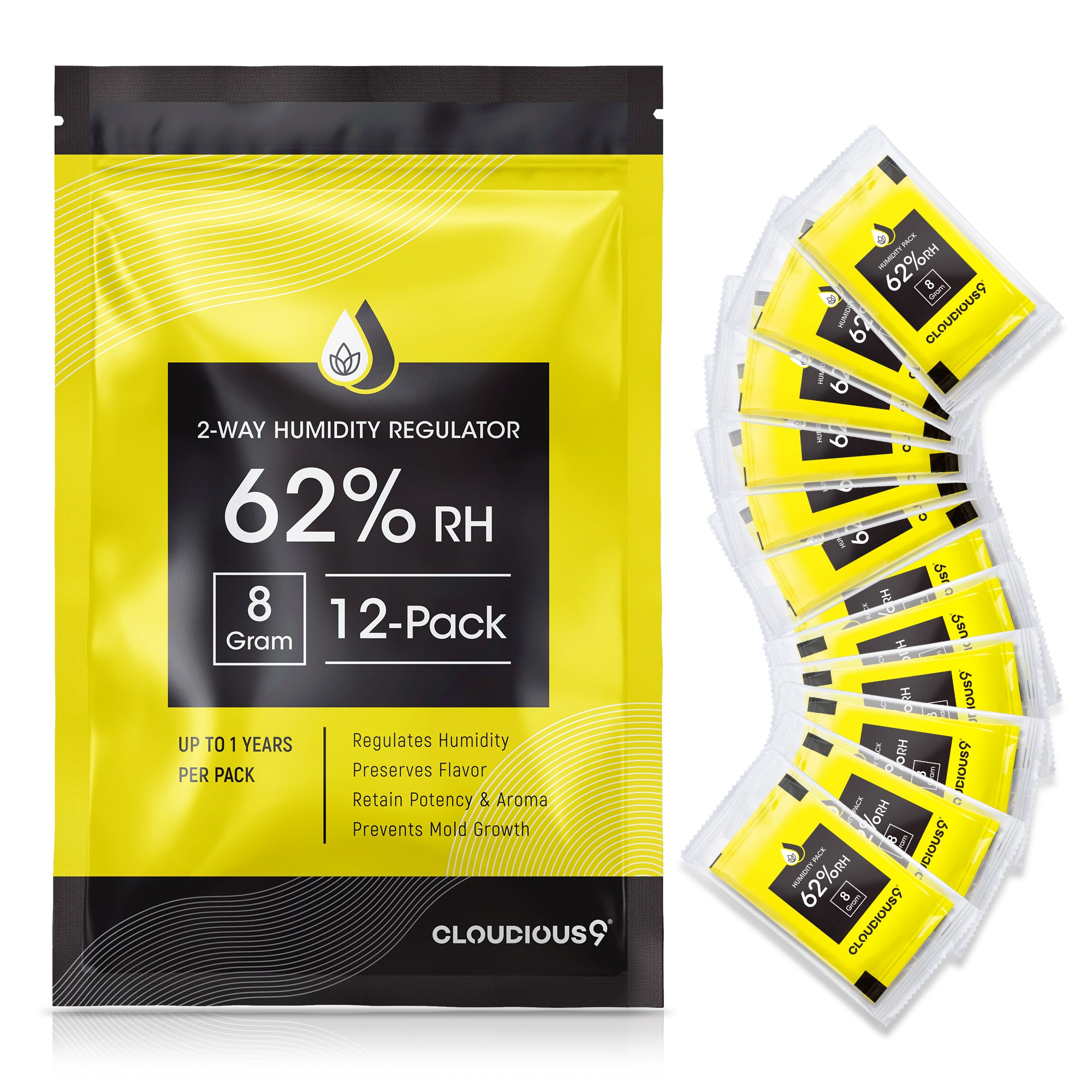 Black and yellow packets and a bag with 2-way humidity regulators inside.